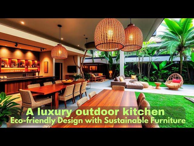 A luxury outdoor kitchen and dining ideas with eco-friendly sustainable furniture designs