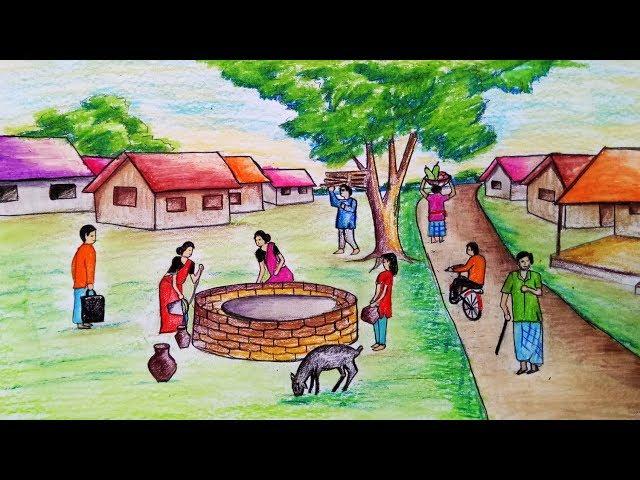 How to draw scenery of People busy in the village.Step by step(easy draw)