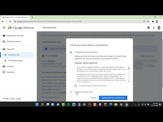 Update google US Tax Document Delivery Preferences  | Google AdSense update