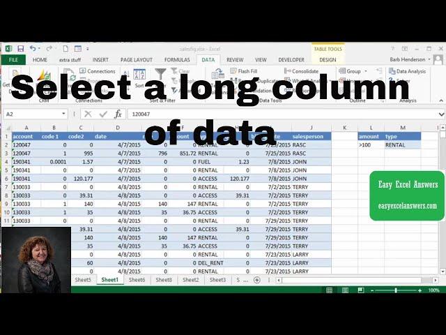 How to select a long column of Data in Excel