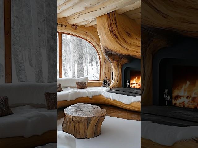 Cozy winter cabin with a stunning natural wood fireplace and snowy forest views. 