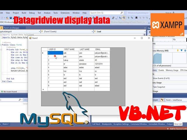 How to load data into datagridview from SQL server vb.net xampp mysql (with code)