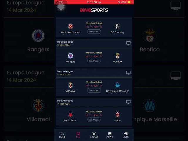 BiNGSPORTS app for live streaming Football matches on Iphone