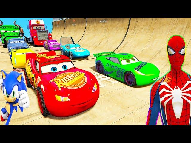 SPIDERMAN McQueen Friend Mega GODZILLA Ramp Challenge ! SUPERHERO HULK Disney Car MACK TRUCK - GTA V