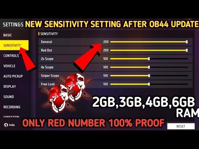 OB-44 After Update New Sensitivity Setting In Free Fire | 200 Sensitivity For 2GB 3GB 4GB 6GB RAM