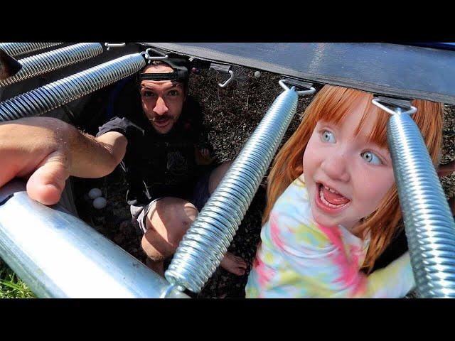 ADLEY under the TRAMPOLiNE!! Backyard Water Park, Sand Cupcake Restaurant, and Rain Rescue Mission