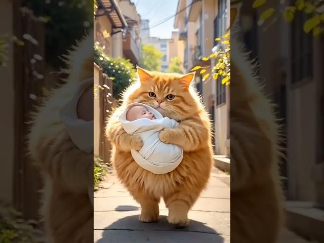 Brown cat save the child from wolf  #funny #babaycute #cat #wolf#care#catcare#watermelon #shower