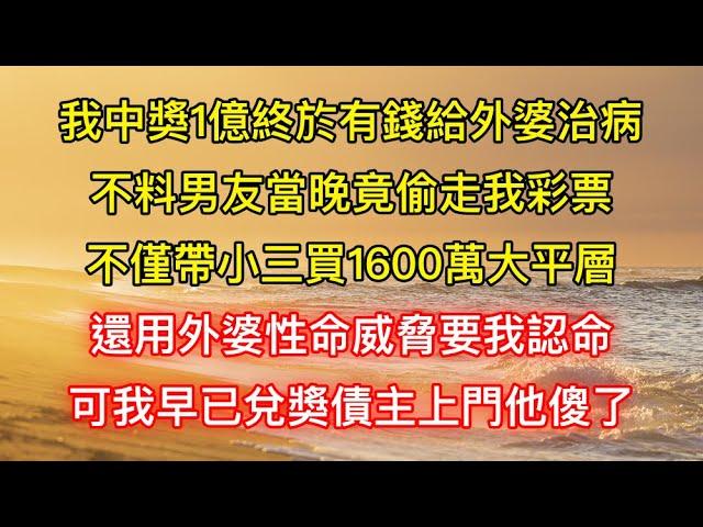 我中獎1億終於有錢給外婆治病，不料男友當晚竟偷走我彩票，不僅帶小三買1600萬大平層，還用外婆性命威脅要我認命，可我早已兌獎債主上門他傻了