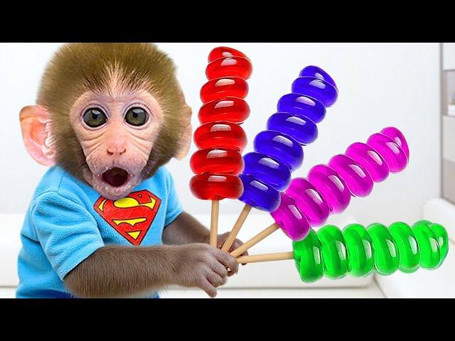 Monkey Baby Bon Bon goes supermarket to buy rainbow candy and plays with the puppy in the garden