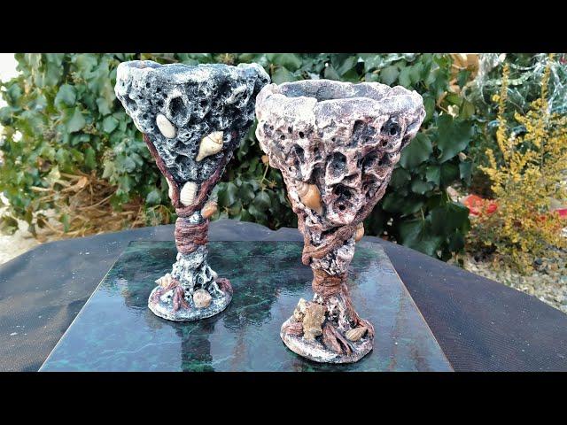 Glass cup with shells and stones made of cement with your own hands