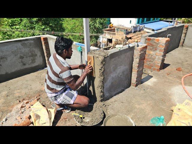 Plastering Techniques_Roof Joined Brick Piller Plastering with Cement|Piller Plastering Construction