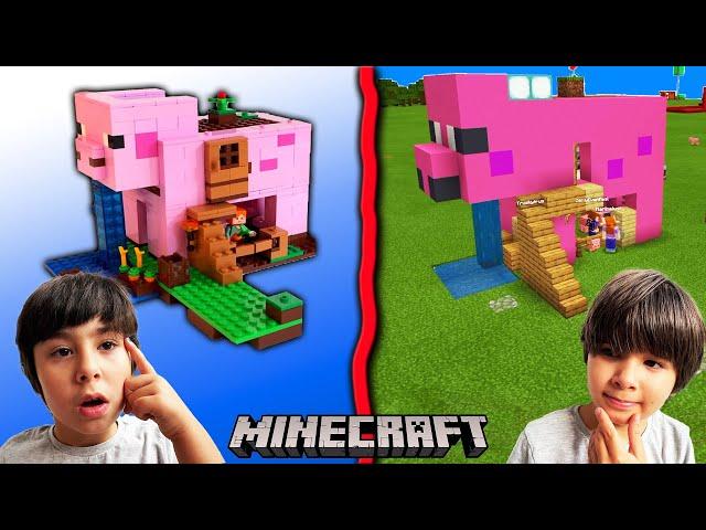 Dani y Evan construyen la CASA CERDO de LEGO en la VIDA REAL y luego en MINECRAFT