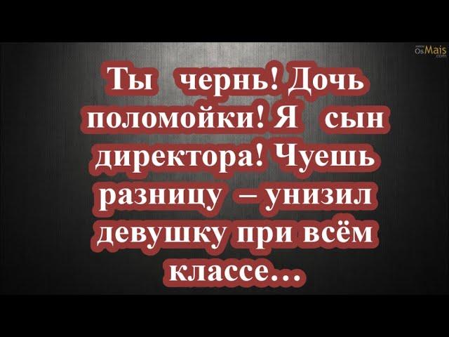 Ты   чернь! Дочь поломойки! Я   сын директора! Чуешь разницу  – унизил девушку при всём классе…