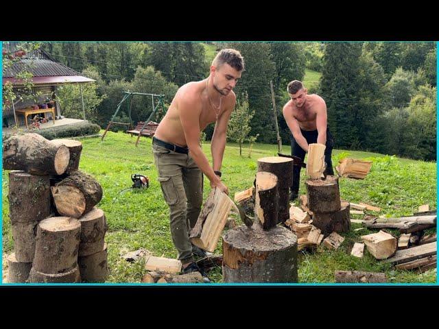 A father and his sons collect firewood for the winter