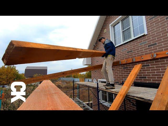 The guy builds a SINGLE ROOF on his own. Mauerlat installation