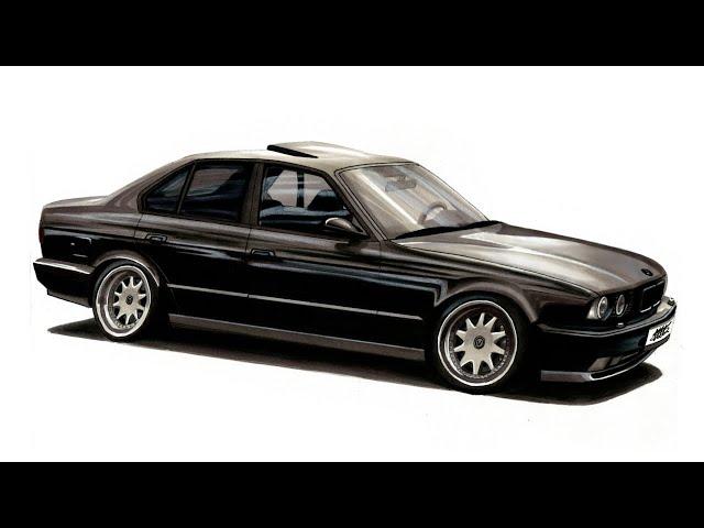 Realistic Car Drawing - BMW E34 M5 - Time Lapse