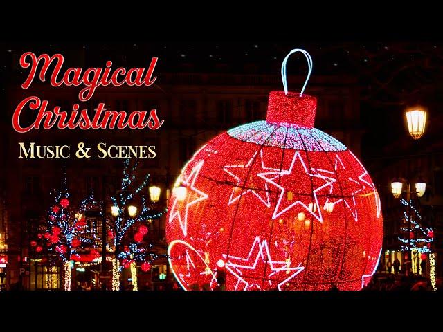 Magical Christmas Scenes & Music Ambience  w/ Christmas Lights & Snow Falling