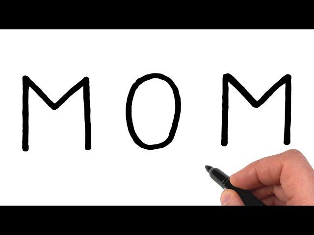 How to turn word MOM into cartoon Mother's Day drawing Mom hugging her baby