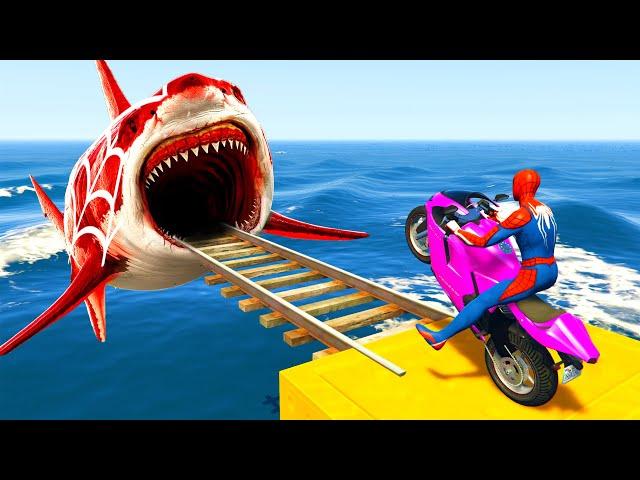 GTA 5 Crazy Ragdolls | Spiderman by Motorcycle, Cars On Rainbow Spiders Bridge (Spider Shark Jumps)