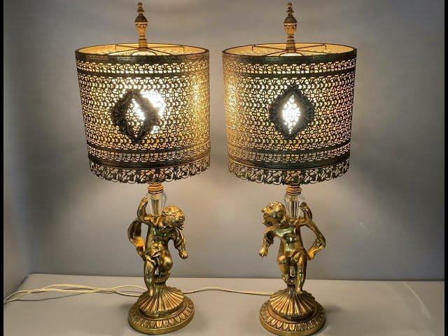 Antique or Vintage Pair of Metal Cherub Lamps with Pierced Metal Shades