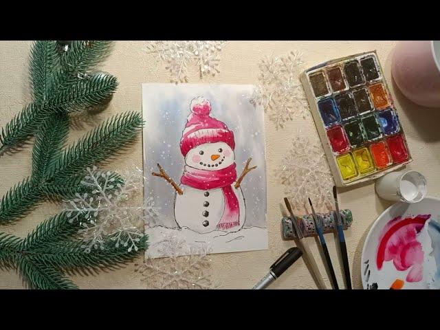    SNOWMAN/ СНЕГОВИК /НОВОГОДНИЕ ОТКРЫТКИ/РИСУЕМ АКВАРЕЛЬЮ #українськийконтент #новыйгод #art