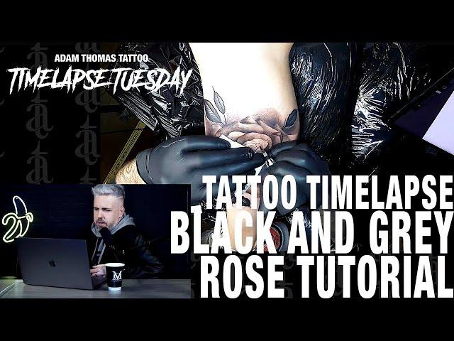 TATTOO timelapse! BLACK AND GREY ROSE.Start to finish with explanation!