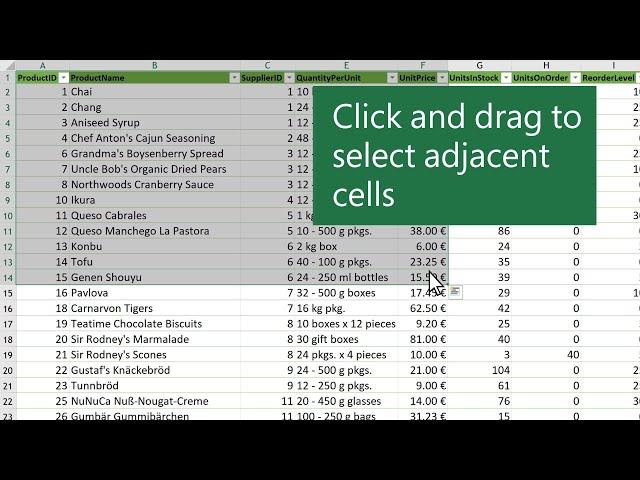 Select cells in Excel