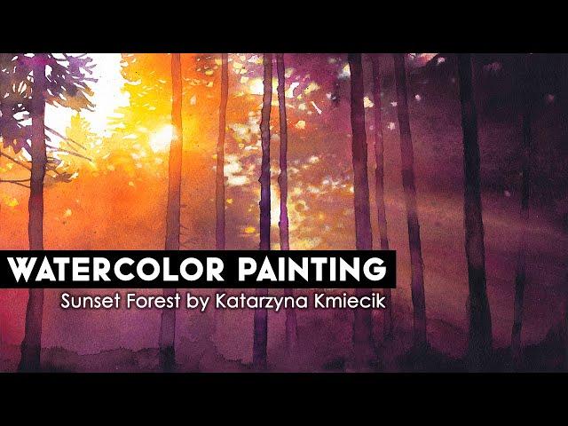 Watercolor landscape painting time-lapse - Purple Forest at Sunset