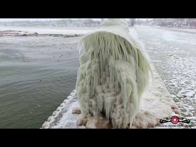 Stunning Must See Ice Sculptures Frozen South Haven Michigan 4K Drone Footage Dec 2022