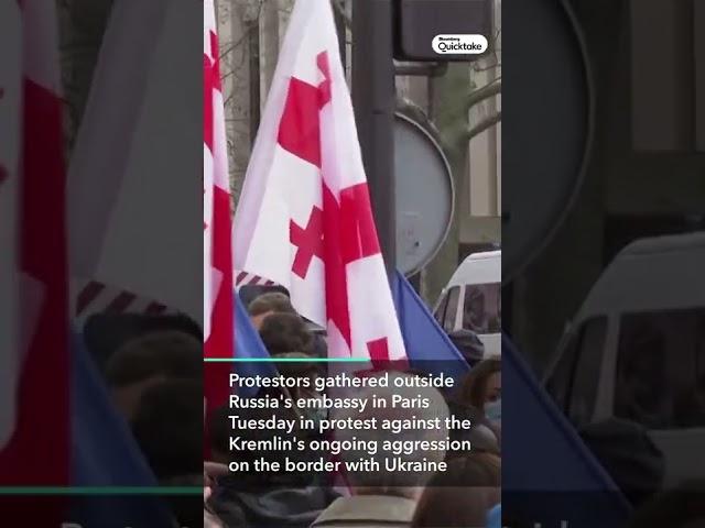 Protesters Rally in Support of Ukraine Outside Russian Embassy in Paris