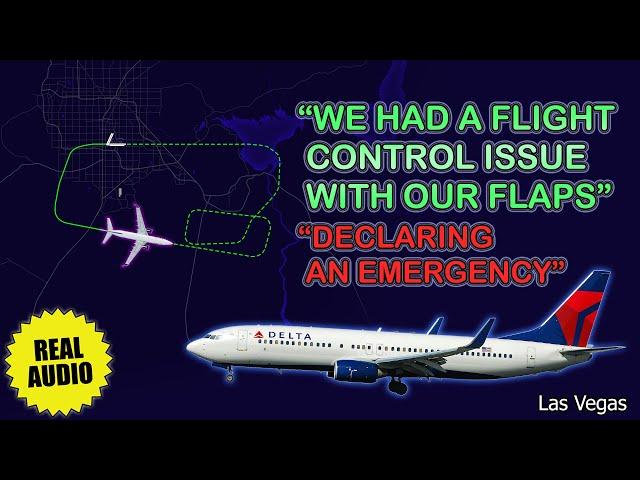 Flaps issue. Delta Boeing 737 declares an emergency after takeoff from Las Vegas. Real ATC