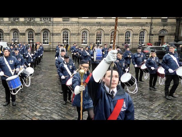 Boys Brigade Drum, Bugle and bagpipe Band parade in Parliament Square Edinburgh