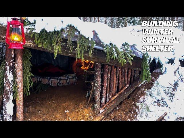 Winter BUSHCRAFT!  Building of a warm underground shelter for survival in winter forest!