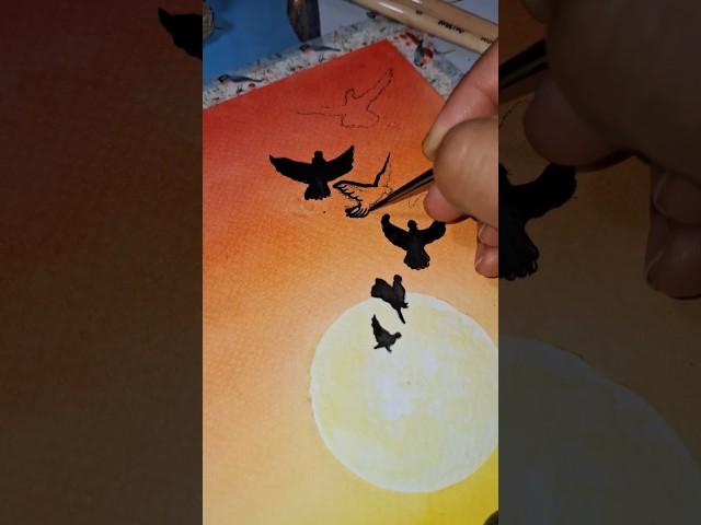 learn to make flying bird silhouette #shorts #viralvideo #watercolor #art #painting #sunset #birds