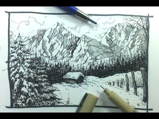 Pen & Ink Drawing Tutorials | How to draw a winter landscape