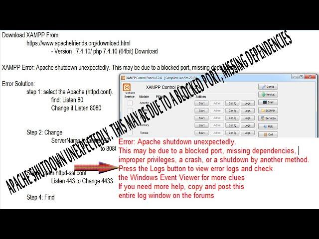 Error Apache shutdown unexpectedly  This may be due to a blocked port, missing dependencies