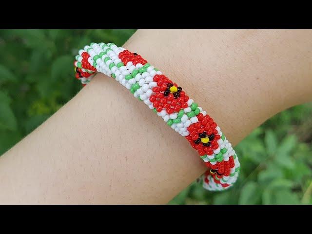 Herringbone beaded bracelet/DIY bracelet/BEADED POPPY/Браслет из бисера/Браслет МАКИ/Жгут иглой