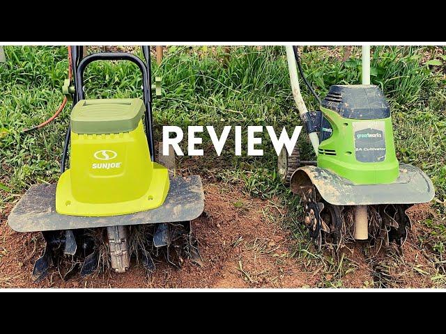 Sun Joe TJ604E Electric Tiller vs Greenworks 8 Amp 27072. tiller cultivator Review.