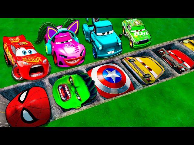 Mega pits with McQueen and Pixar Cars Vs Big & Small Lightning McQueen! BeamNG Drive Battle!