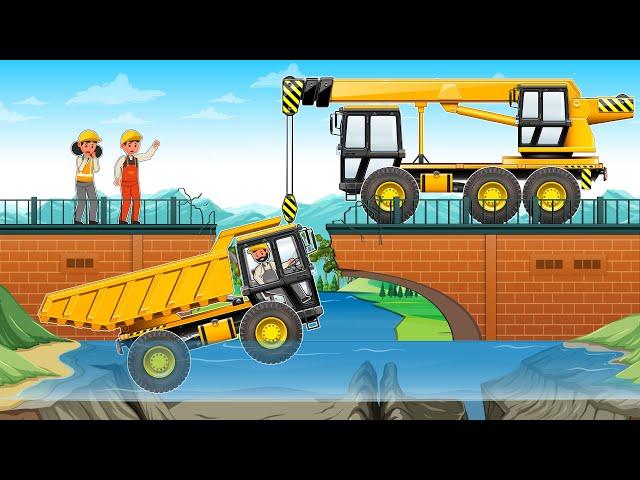 Broken Bridge - Excavator Crane Rescue Truck Stuck in River | Construction Vehicles