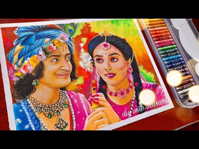 Radhakrishna drawing with oil pastel, Krishna drawing with oil pastel