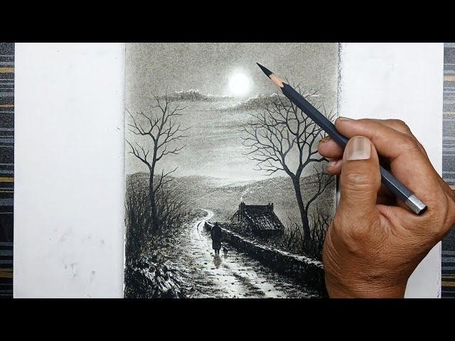 Pencil drawing landscape of moonlight night with easy ways.
