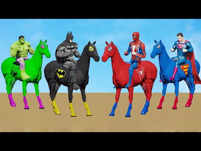 حصان الرجل العنكبوت يركب الخيل مع الابطال الخرقين باركور سبيدرمان الحصان - SUPERHEROES HORSE ANIMALS