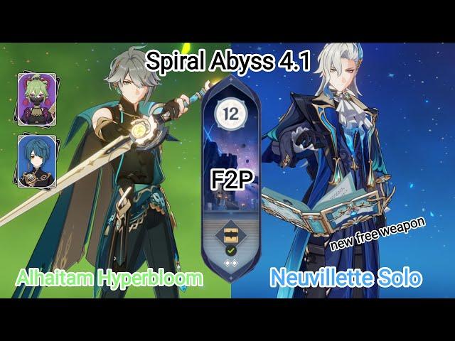 F2P C0 Alhaitam Hyperbloom & C0 Neuvillette Solo - Spiral Abyss 4.1 - Floor 12 9 star Genshin Impact