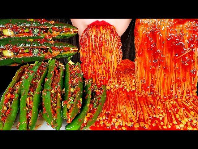 ASMR SPICY ENOKI MUSHROOMS, CUCUMBER PEPPER KIMCHI 불닭팽이버섯, 오이고추김치 먹방 咀嚼音 EATING SOUNDS MUKBANG