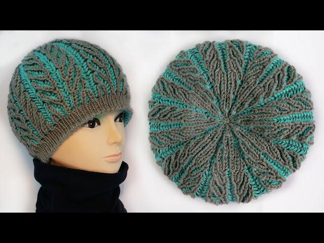 Шапка Бриошь «Елочка» спицами  Brioche hat knitting pattern