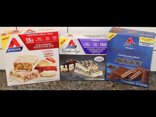 Atkins Strawberry Shortcake Bar, Chocolate Chip Cheesecake Bar, Chocolate Crème Protein Wafer Crisps