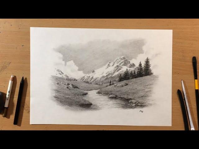 Landscape Vignette in Charcoal - Mountain Stream