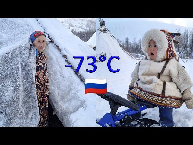 Primitive Life of Nomads of Arctic. Survival in Far North. Russia. Tundra Nenets - 73°C