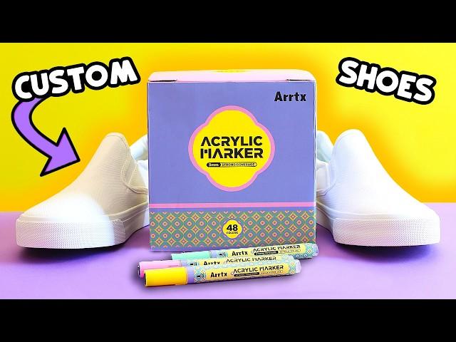 Customizing SHOES and UNBOXING Arrtx Acrylic Paint Markers 48 Set *satisfying art*